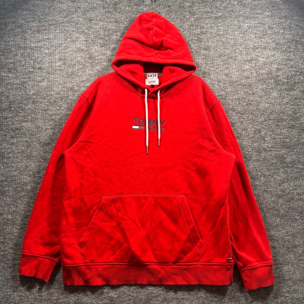 Tommy Jeans Mens XL Red Embroidered Logo Pullover Hoodie Sweatshirt 6435